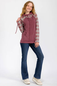 Everly Plaid Contrast Double Hooded Pullover – Ribbed Knit Hoodie with Thumbholes