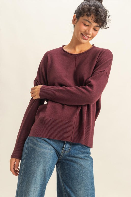 Lenora Drop Shoulder Sweater: Dark Cherry – Relaxed Fit Knit Pullover Top