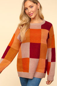 Autumn Vines Cozy Checkered Pullover Sweater: Taupe/ Burnt Orange/ Wine