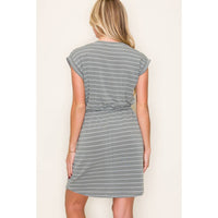 The Tessa Striped T-Shirt Dress – Women’s Casual Drawstring Waist Dress with Pockets | Terry Knit Short Sleeve Lounge Dress