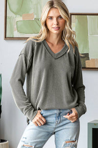 Sadie Ribbed V-Neck Long Sleeve Top – Relaxed Fit Textured Knit