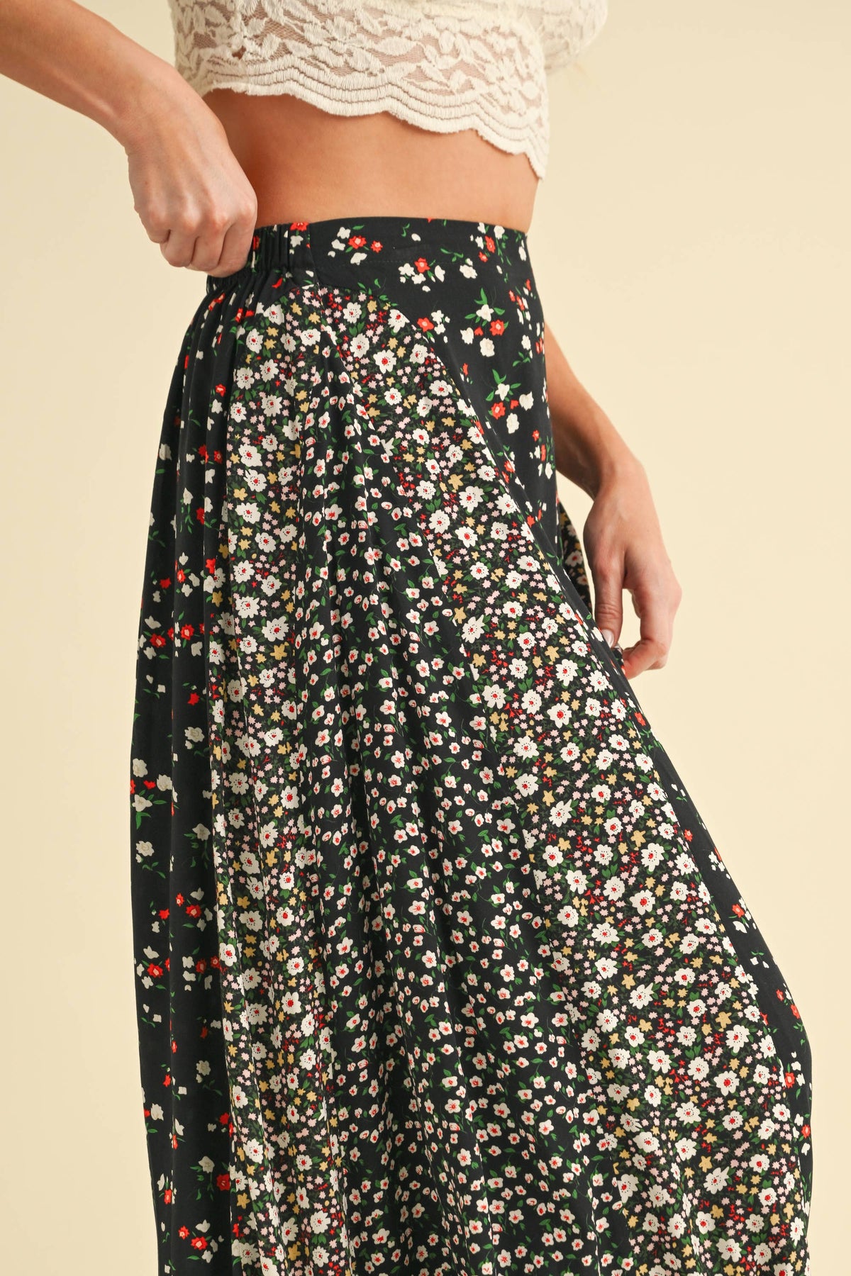 Melanie Floral Patchwork Maxi Skirt – Boho High Waist Flowy Skirt