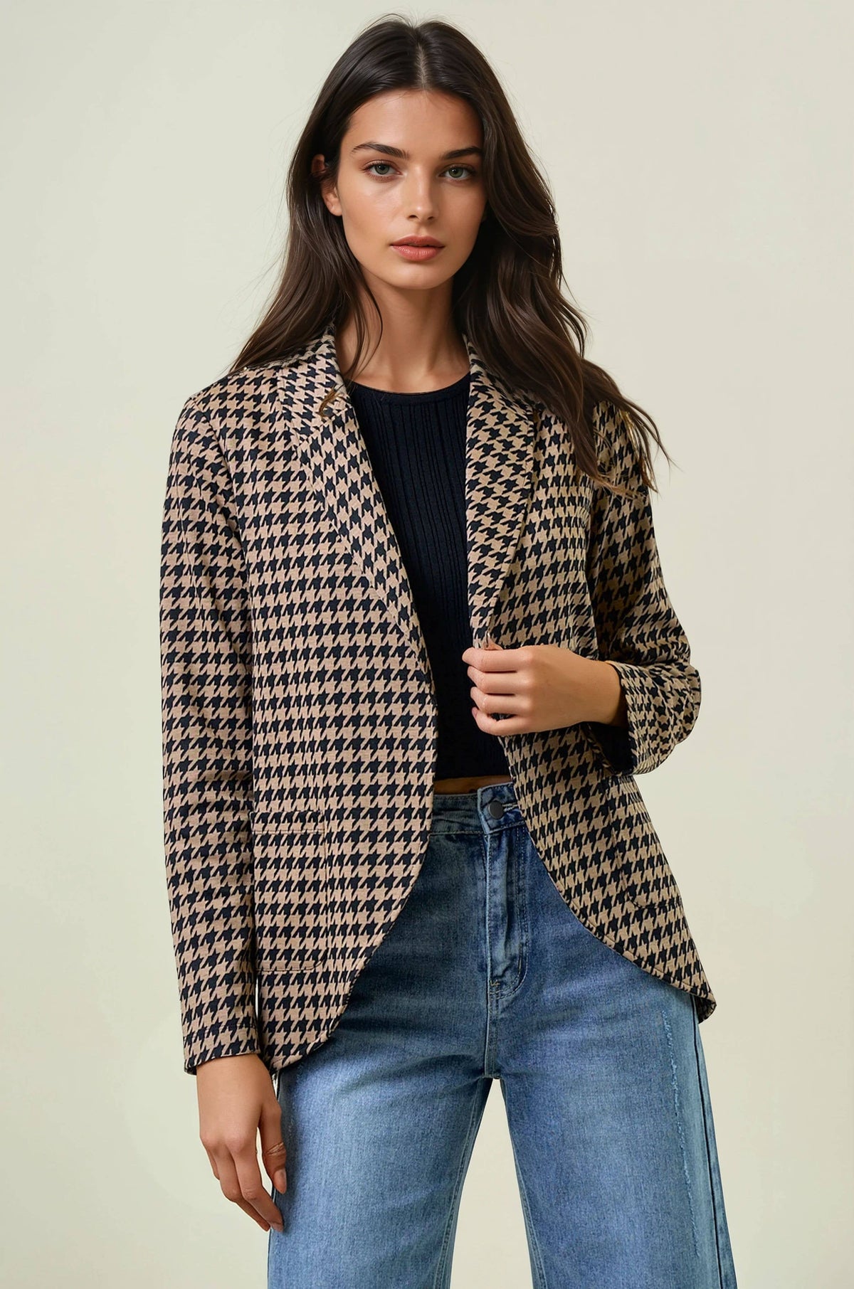 The Marlowe Houndstooth Shawl Collar Blazer – Tan & Black
