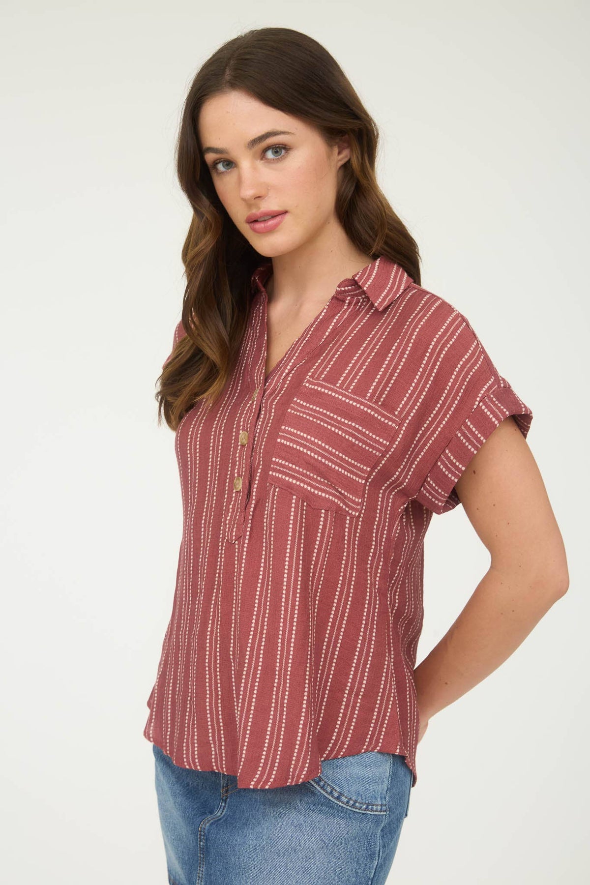 The Presley Striped Button Front Top –Burgundy Collared V-Neck Shirt with Pocket