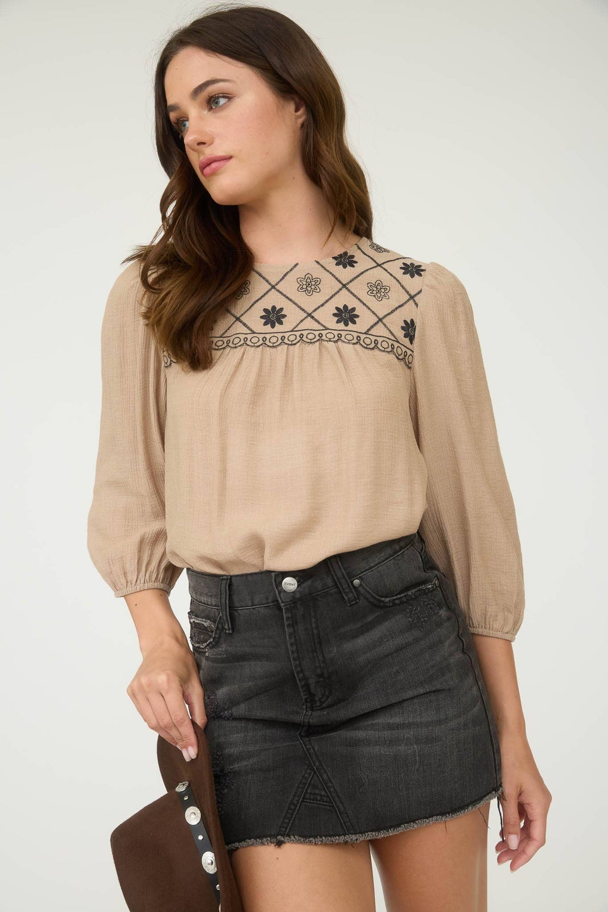 The Rylie Embroidered Yoke Blouse – 3/4 Sleeve Boho Top (Navy or Taupe)