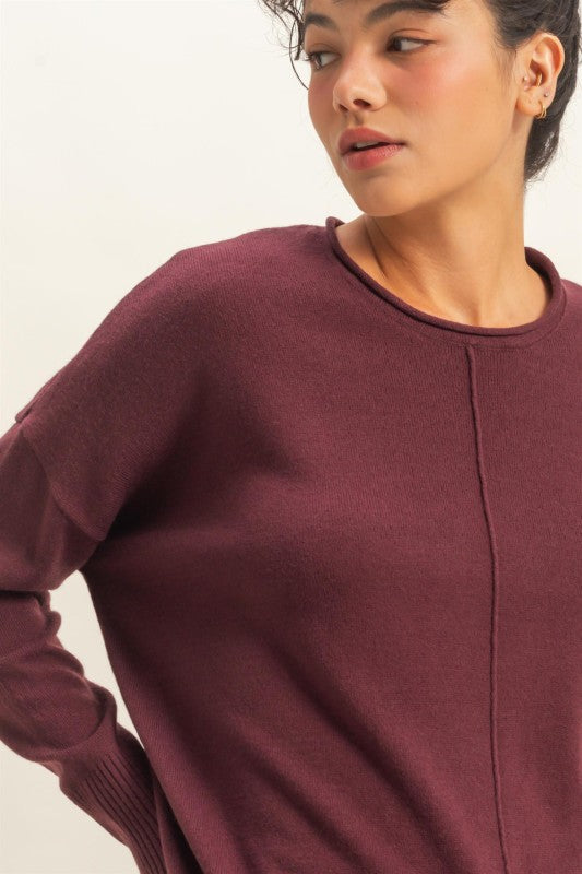 Lenora Drop Shoulder Sweater: Dark Cherry – Relaxed Fit Knit Pullover Top