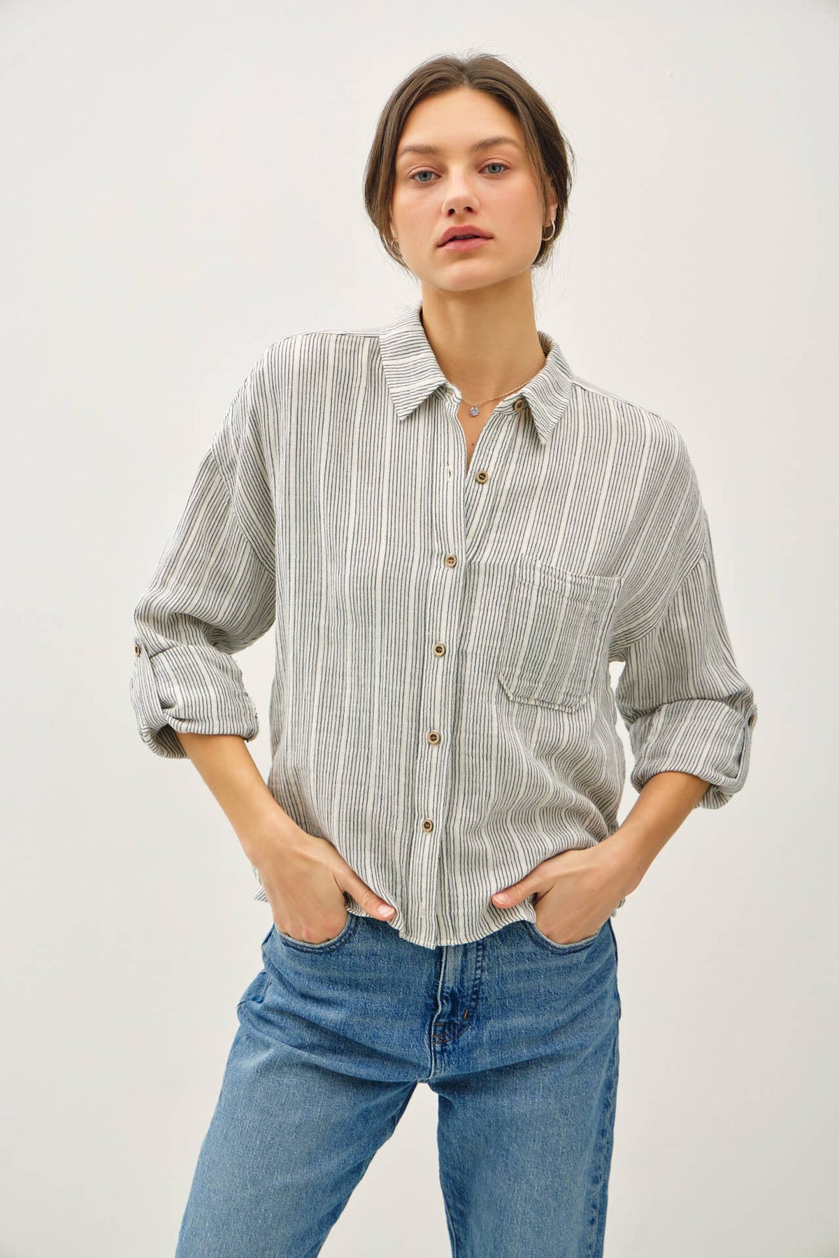 The Dakota Striped Gauze Button-Up Top – Charcoal & Amber