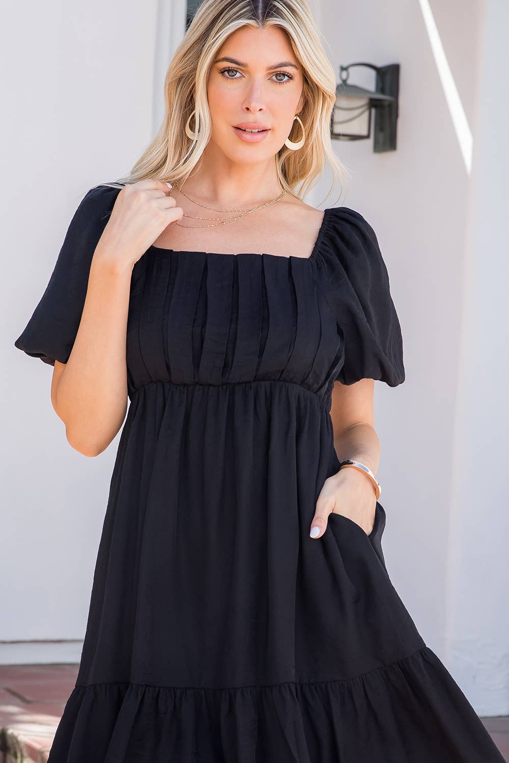 Delilah Black Puff Sleeve Babydoll Mini Dress – Flowy Square Neck Dress for Special Occasion