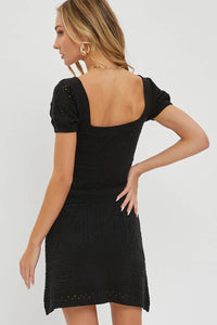 Savannah Black Crochet Mini Dress – Lined Knit Summer Dress with Puff Sleeves