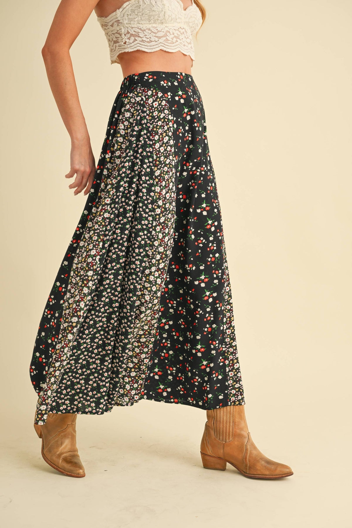 Melanie Floral Patchwork Maxi Skirt – Boho High Waist Flowy Skirt