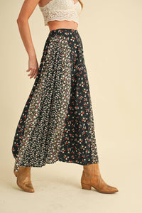 Melanie Floral Patchwork Maxi Skirt – Boho High Waist Flowy Skirt
