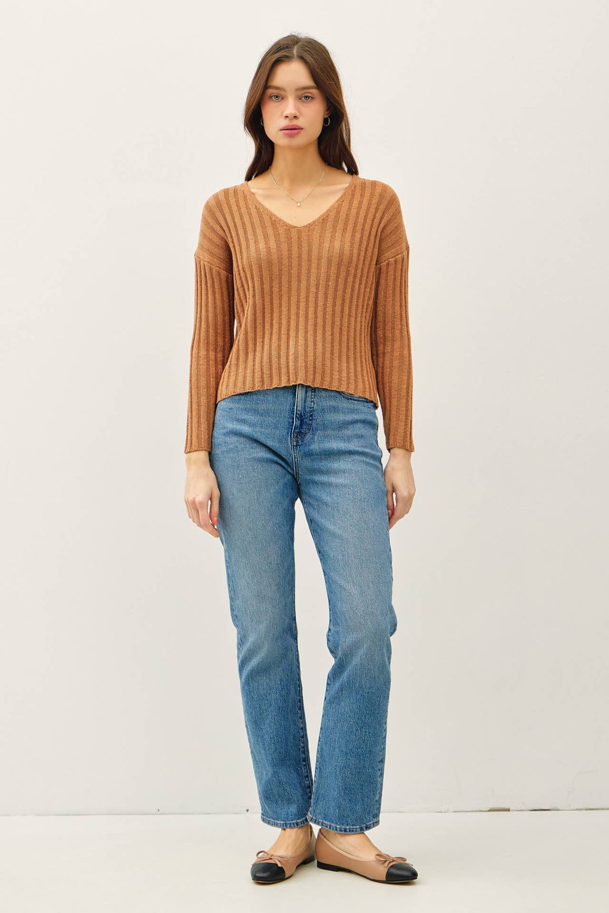 Georgia Ribbed V-Neck Sweater – Cozy Rust Knit Pullover with Drop Shoulders