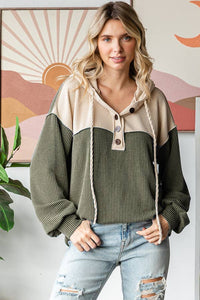 Elena Ribbed Button Front Hoodie – Colorblock Knit Pullover with Bishop Sleeves