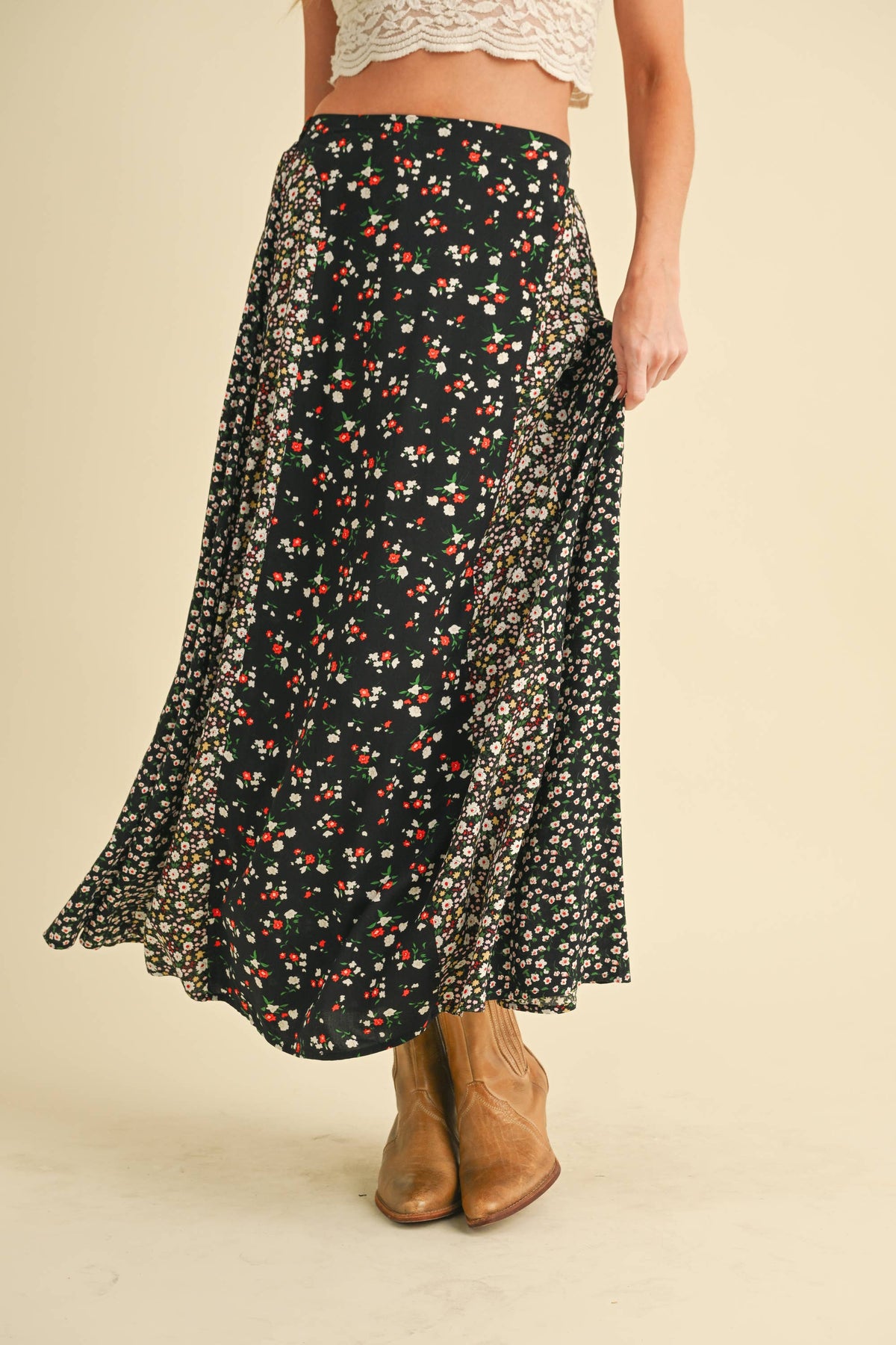 Melanie Floral Patchwork Maxi Skirt – Boho High Waist Flowy Skirt