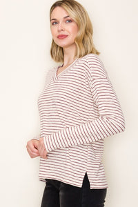 Staccato Striped Hacci V-Neck Long Sleeve Top – Soft Stretch Knit with Side Slits