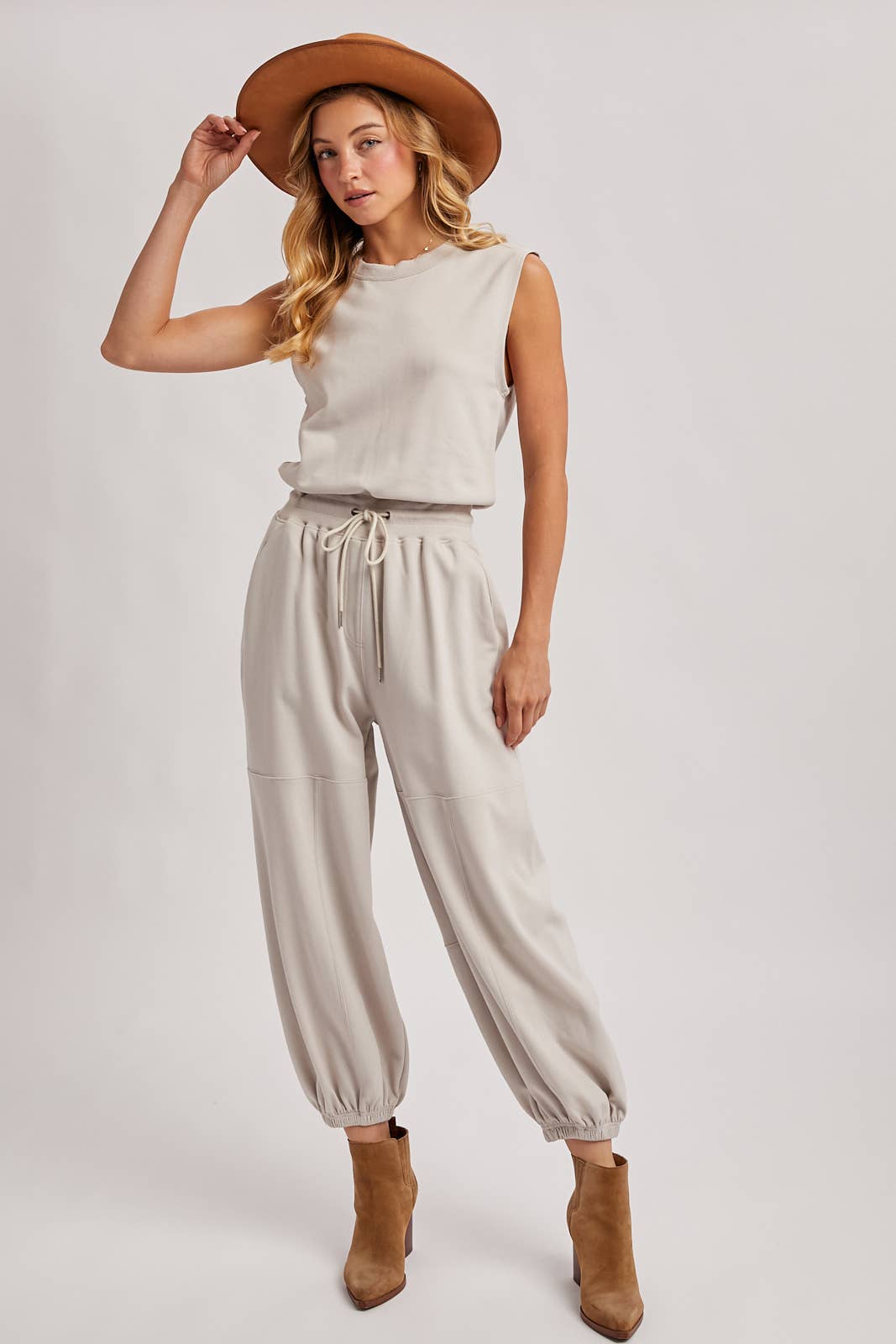 The Waverly Knit Drawstring Jumpsuit – Sleeveless Lounge-to-Live Style in Soft Oatmeal