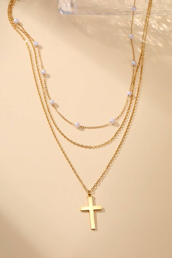 18K Gold Stainless Steel Layered Cross & Pearl Necklace | Tarnish-Free & Hypoallergeni