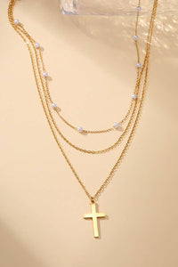 18K Gold Stainless Steel Layered Cross & Pearl Necklace | Tarnish-Free & Hypoallergeni