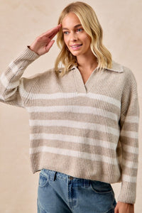 The Laurel Striped Collared Sweater – Taupe & Cream Knit Pullover