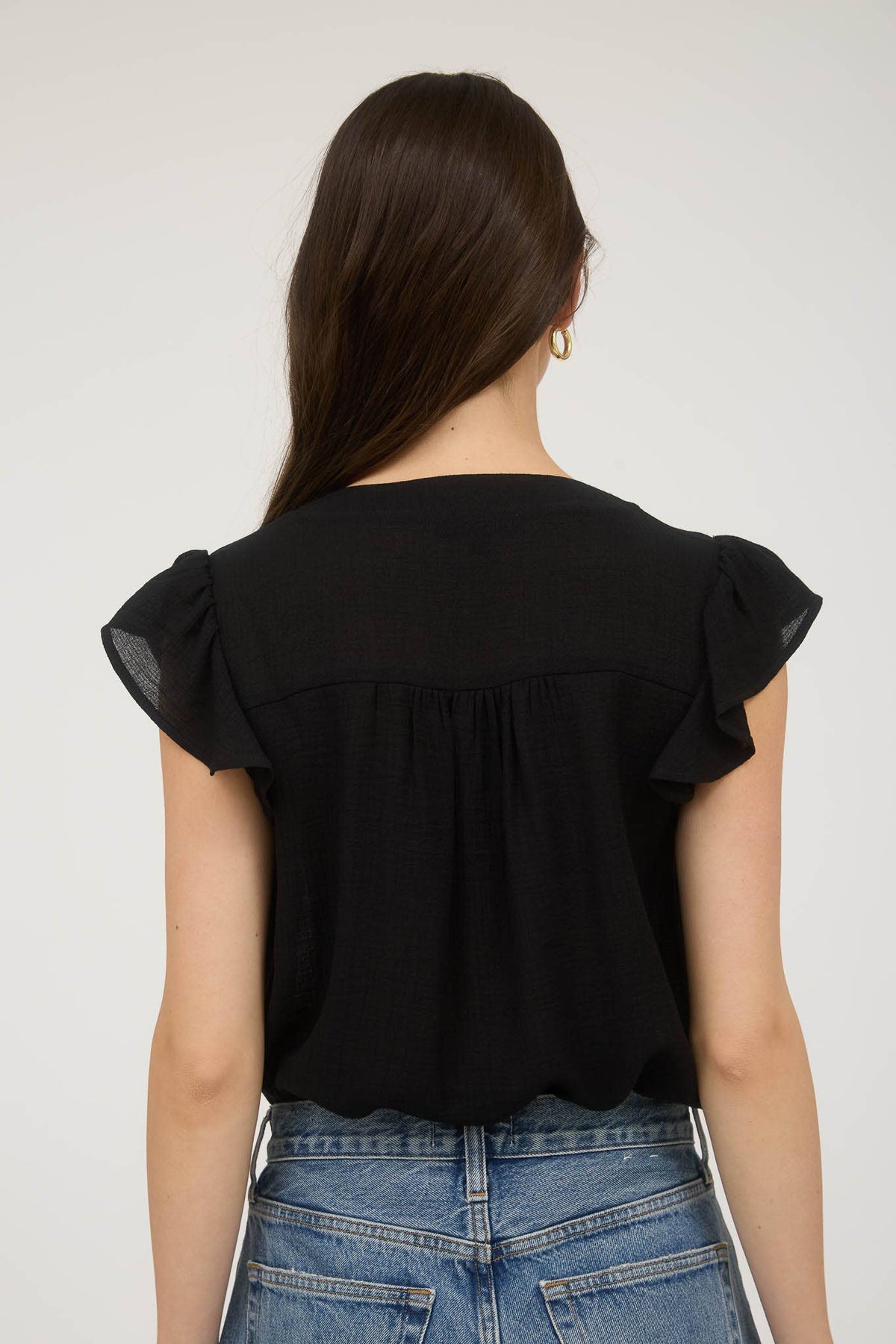 The Callie Embroidered Ruffle Sleeve Top – Black Button Front Blouse