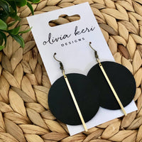 Lindsay Black Leather Circle Earrings with Gold Bar – Minimalist Statement Dangles