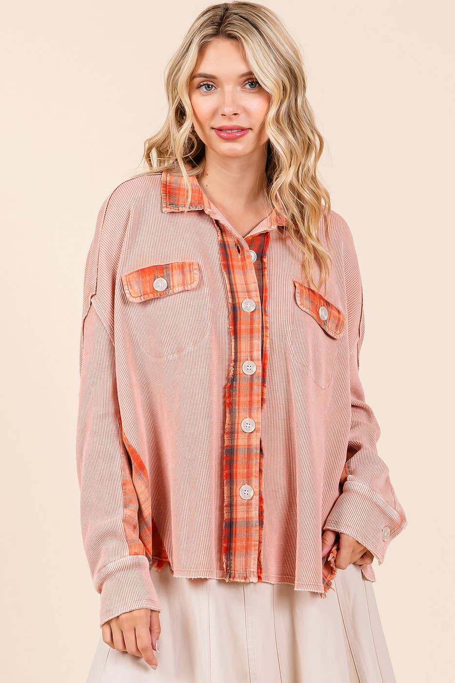 The Jolene Plaid Contrast Waffle Knit Button Down – Mineral Washed Rustic Rose