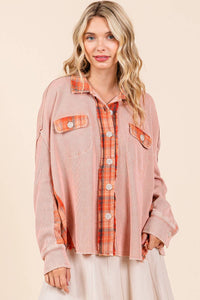 The Jolene Plaid Contrast Waffle Knit Button Down – Mineral Washed Rustic Rose