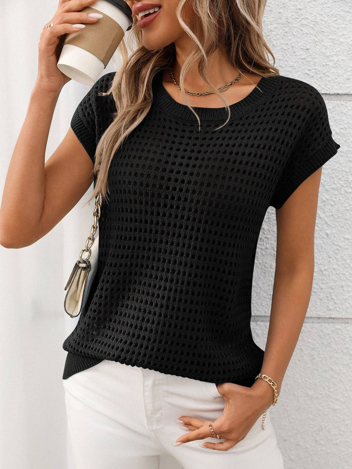 Briar Black Crochet Knit Short Sleeve Top – Lightweight Openwork Mesh Sweater for Summer