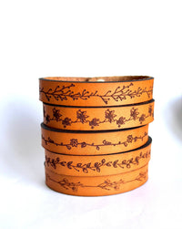 Wildflower Engraved Leather Cuff – Full Grain Floral Bracelet with Brass Snap