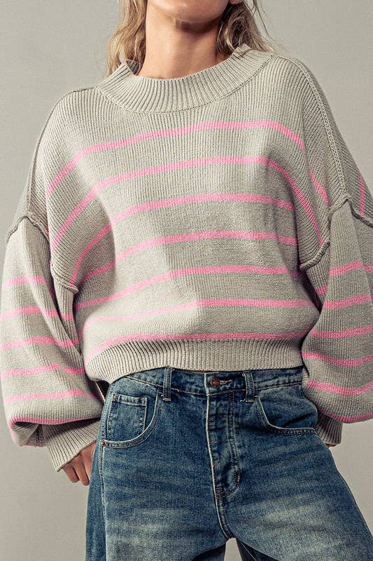 Flow It Down Ribbed Knit Pullover: Grey/Pink