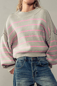 Flow It Down Ribbed Knit Pullover: Grey/Pink