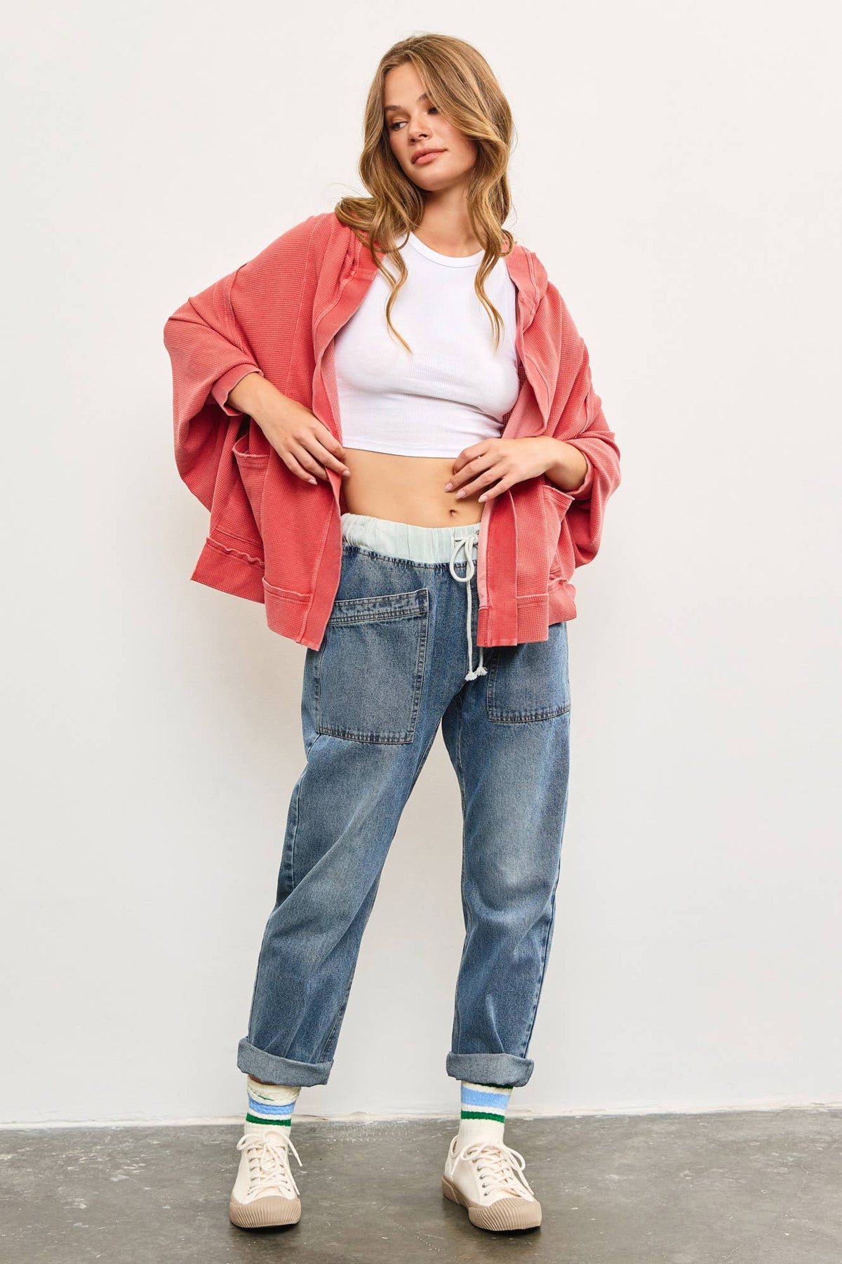 Sierra Vintage Wash Hooded Cardigan – Oversized Thermal Hoodie with Pockets