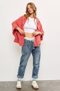 Sierra Vintage Wash Hooded Cardigan – Oversized Thermal Hoodie with Pockets