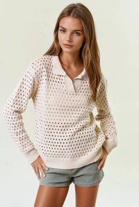 The Lila Open Stitch Polo Sweater – Natural Cream
