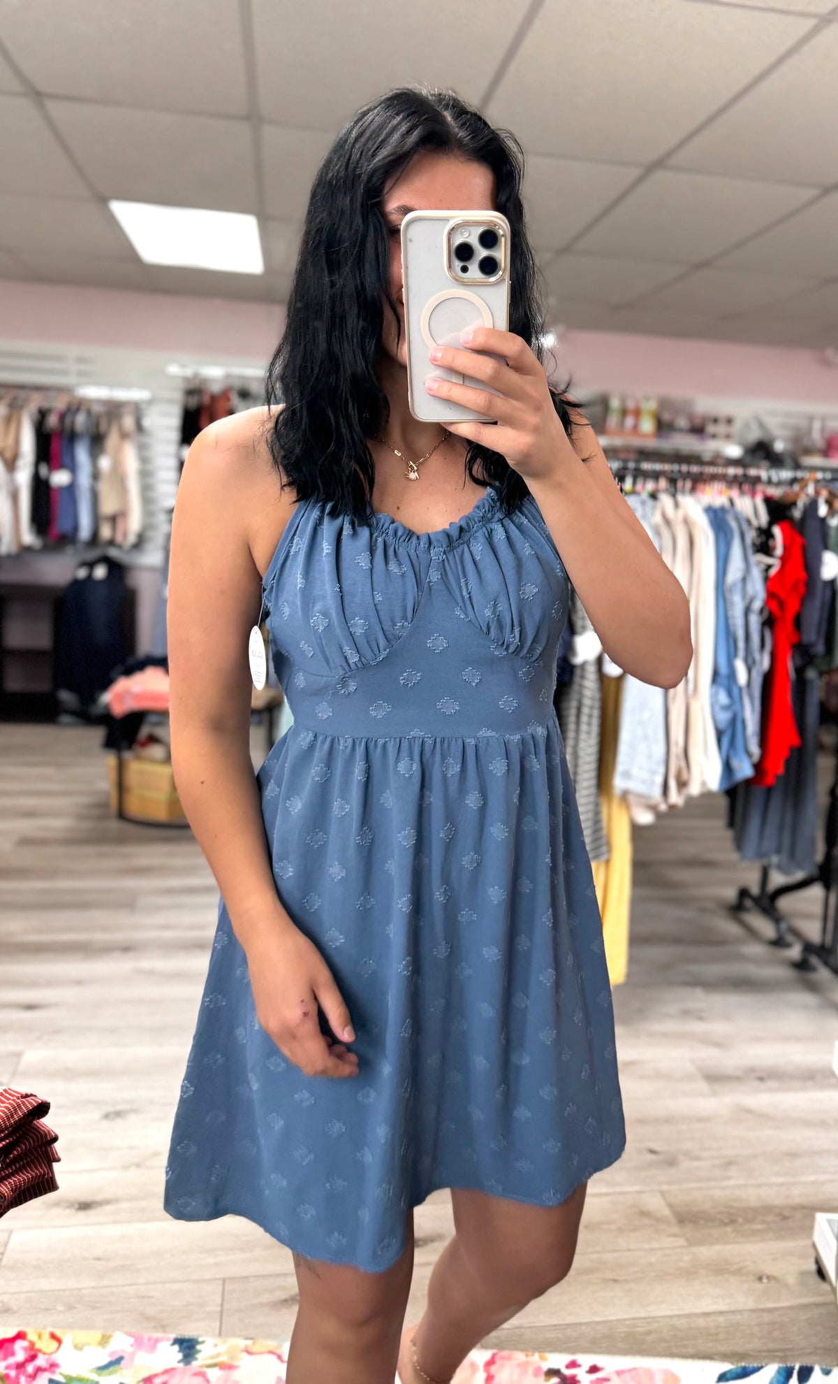 Willow Swiss Dot Babydoll Mini Dress – Blue Spaghetti Strap Sundress with Empire Waist
