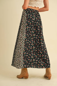 Melanie Floral Patchwork Maxi Skirt – Boho High Waist Flowy Skirt