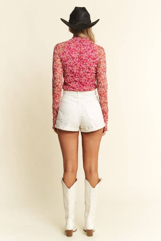 Juniper Mesh Floral Mock Neck Top | Long Sleeve Sheer Layering Blouse