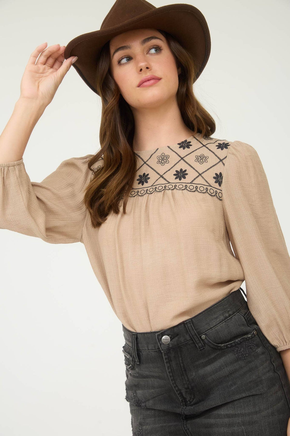 The Rylie Embroidered Yoke Blouse – 3/4 Sleeve Boho Top (Navy or Taupe)