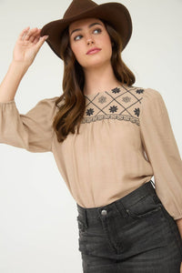 The Rylie Embroidered Yoke Blouse – 3/4 Sleeve Boho Top (Navy or Taupe)