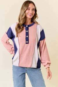 The Clara Colorblock Waffle Knit Henley – Neutral Stripe Patch Pullover