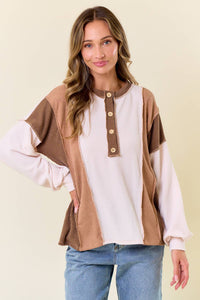 The Clara Colorblock Waffle Knit Henley – Neutral Stripe Patch Pullover