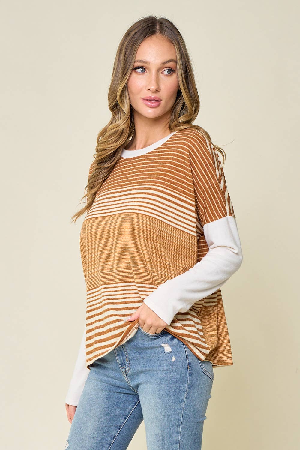 The Hadley Mixed Stripe Long Sleeve Knit Top – Mustard + Ivory Colorblock Pullover