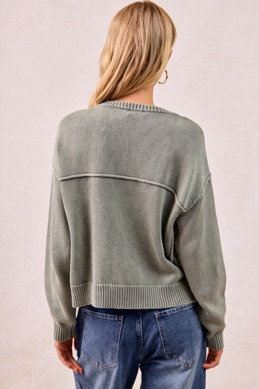 The Tatum Washed Cotton V-Neck Cardigan – Vintage Wash Olive Green Knit Button Front  Product Description: