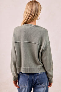The Tatum Washed Cotton V-Neck Cardigan – Vintage Wash Olive Green Knit Button Front  Product Description: