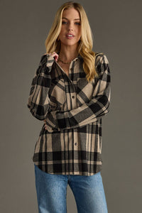 The Sutton Soft Brushed Plaid Button-Up – Tan/Black
