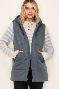 The Briar Hooded Puffer Vest – Gunmetal & Evergreen Mist