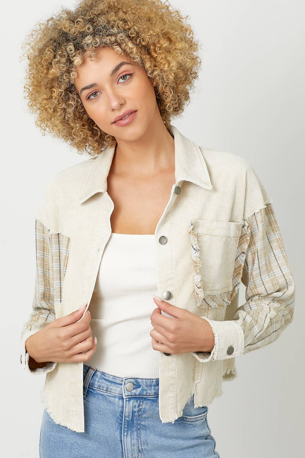 The Elsie Corduroy Plaid Contrast Jacket – Almond Mix