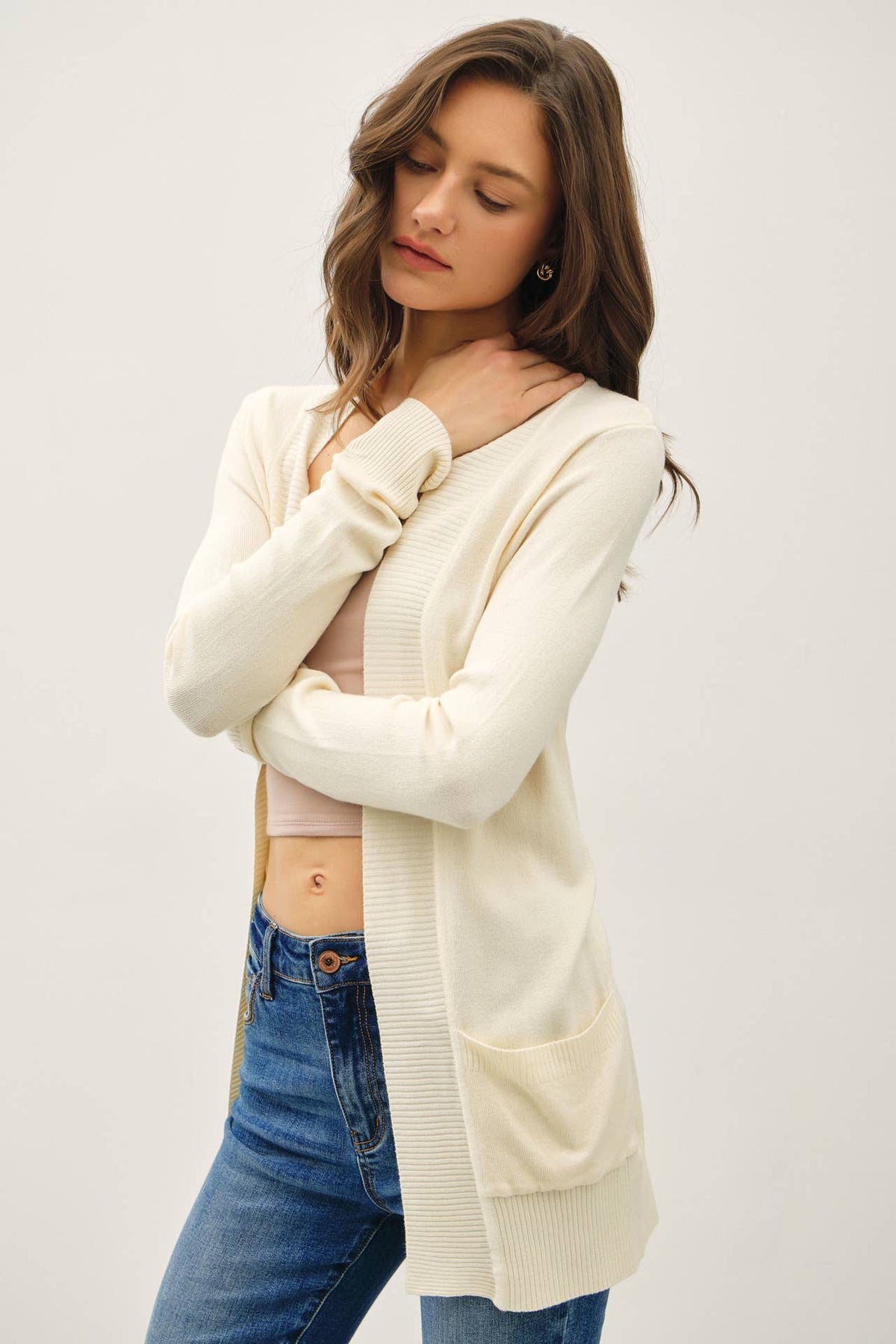 The Tessa Lightweight Open Front Cardigan – Violet, Mocha & Cream