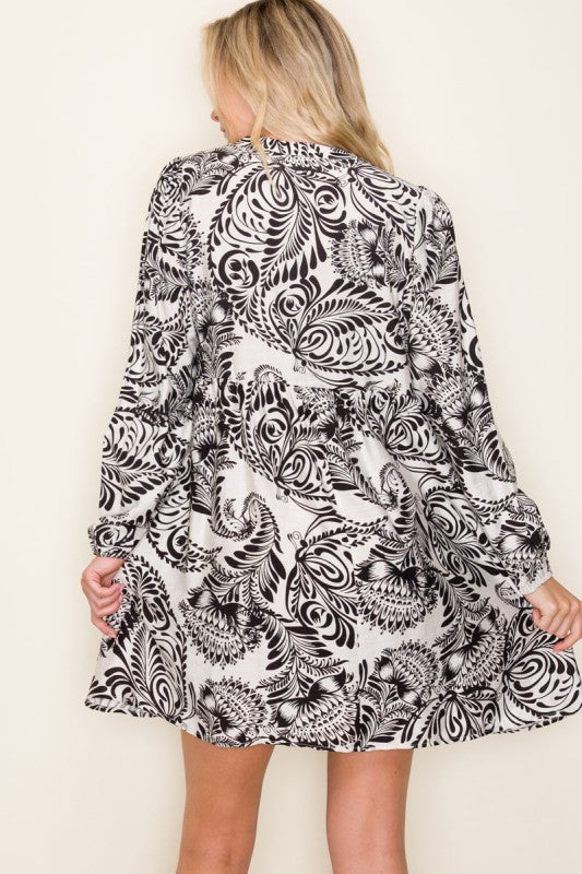 Sutton Floral Babydoll Dress – Black & White Long Sleeve Split Neck Dress