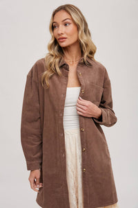 Clara Oversized Corduroy Jacket – Mocha Button-Down Shacket with Pockets